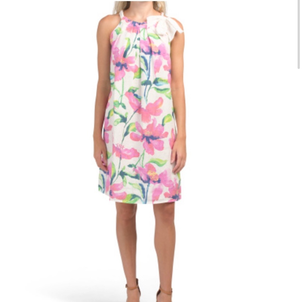 Bella Ambra 100% Linen Sleeveless Floral Dress Tie Shoulder Bow S Small NWT